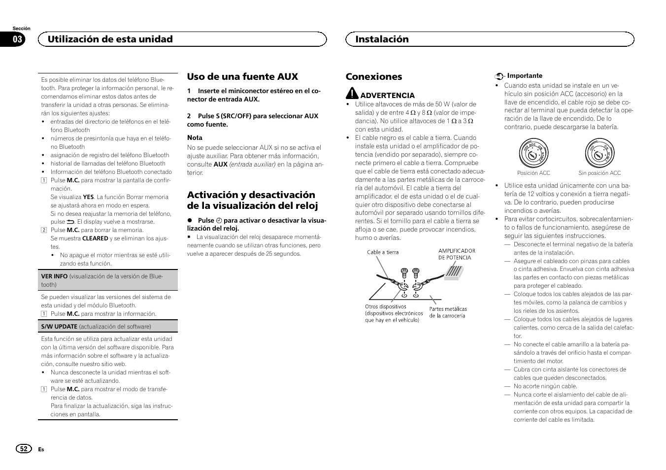 Uso de una fuente aux, Conexiones, Utilización de esta unidad 03 | Instalación | Pioneer CD RDS RECEIVER DEH-7300BT User Manual | Page 52 / 64