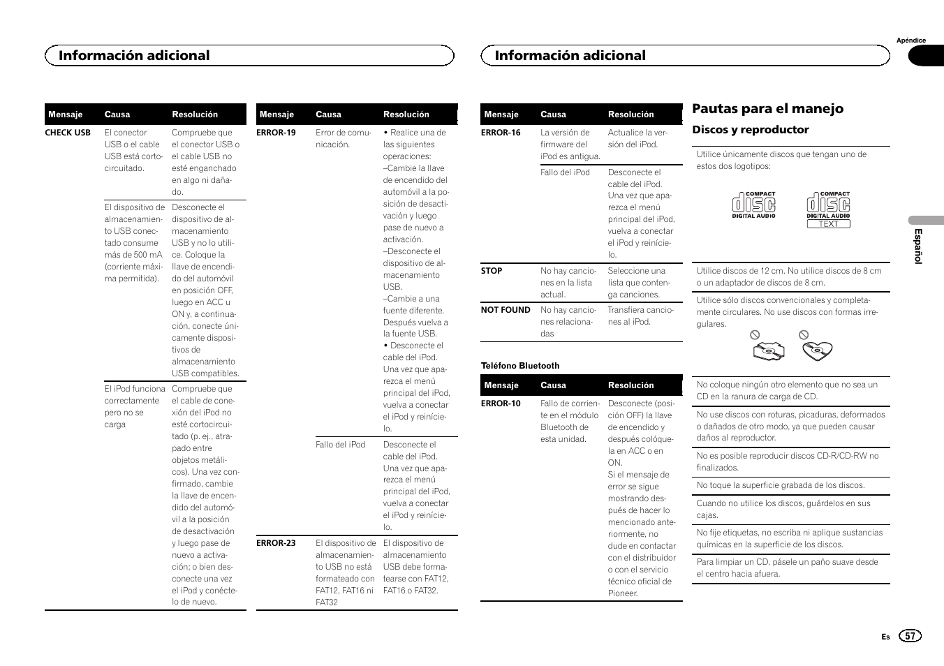 Pautas para el manejo, Información adicional | Pioneer CD RDS RECEIVER DEH-7300BT User Manual | Page 57 / 64