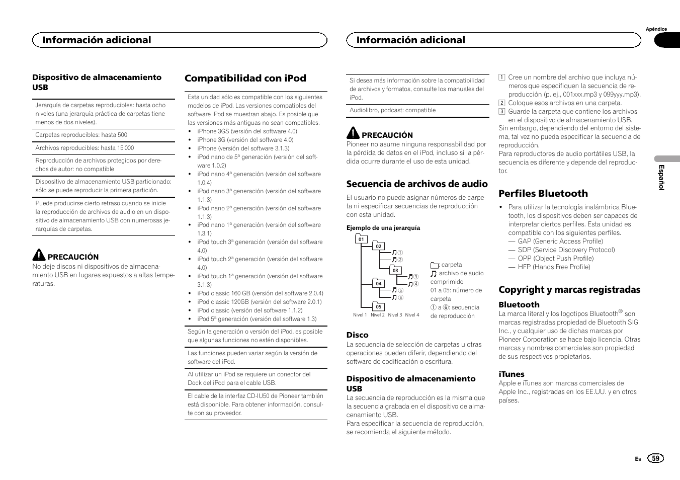 Compatibilidad con ipod, Secuencia de archivos de audio, Perfiles bluetooth | Copyright y marcas registradas, Información adicional | Pioneer CD RDS RECEIVER DEH-7300BT User Manual | Page 59 / 64
