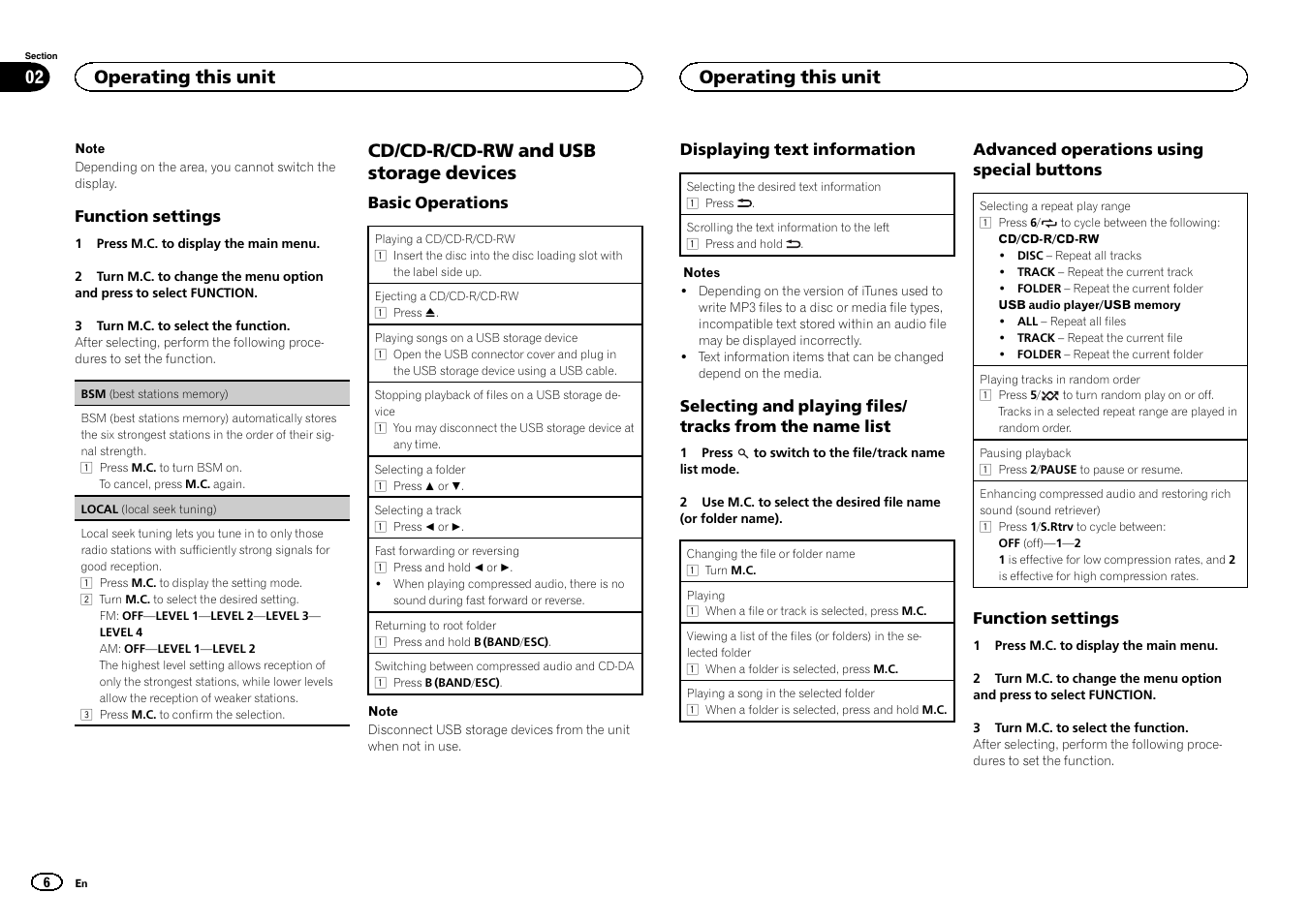 Cd/cd-r/cd-rw and usb storage devices, Operating this unit 02, Operating this unit | Pioneer CD RDS RECEIVER DEH-7300BT User Manual | Page 6 / 64