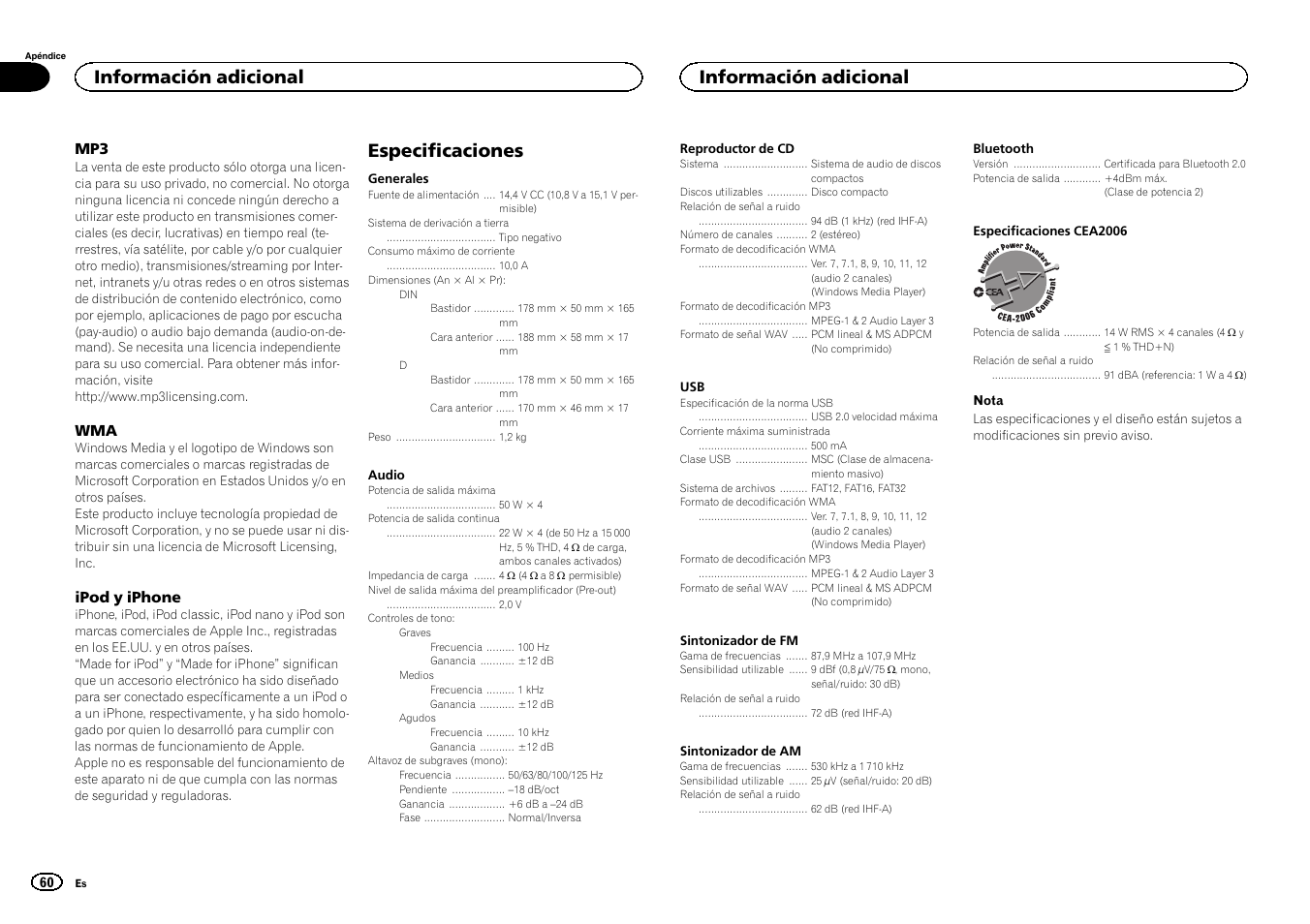 Especificaciones, Información adicional | Pioneer CD RDS RECEIVER DEH-7300BT User Manual | Page 60 / 64