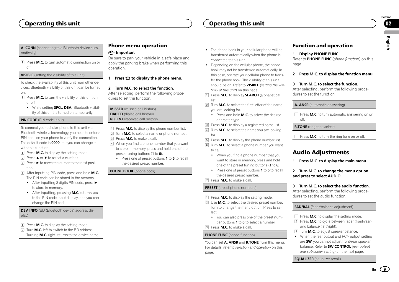 Pin code, Audio adjustments, Operating this unit 02 | Operating this unit | Pioneer CD RDS RECEIVER DEH-7300BT User Manual | Page 9 / 64