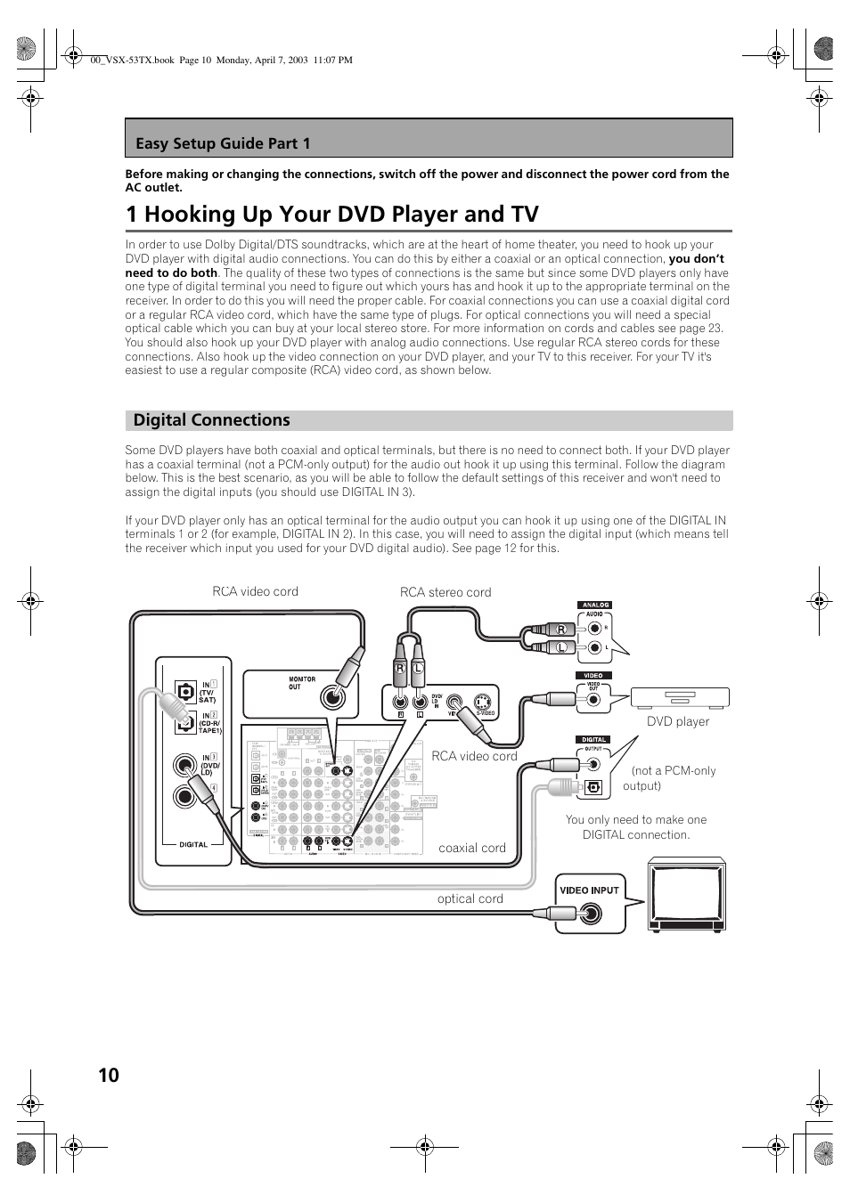 1 hooking up your dvd player and tv, Digital connections, Easy setup guide part 1 | Pioneer Elite VSX-53TX User Manual | Page 10 / 107