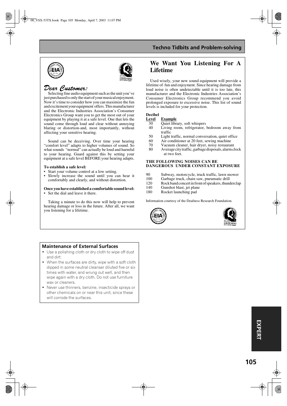 We want you listening for a lifetime, Ex p e rt, Techno tidbits and problem-solving | Maintenance of external surfaces | Pioneer Elite VSX-53TX User Manual | Page 105 / 107