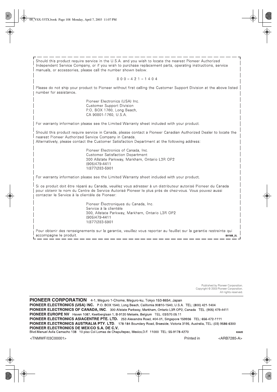 Pioneer Elite VSX-53TX User Manual | Page 107 / 107