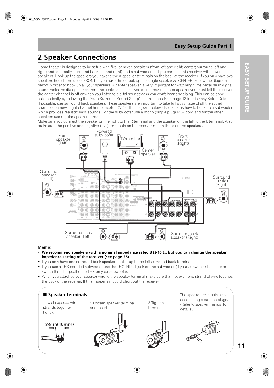 2 speaker connections, Ea sy se tu p gu id e | Pioneer Elite VSX-53TX User Manual | Page 11 / 107