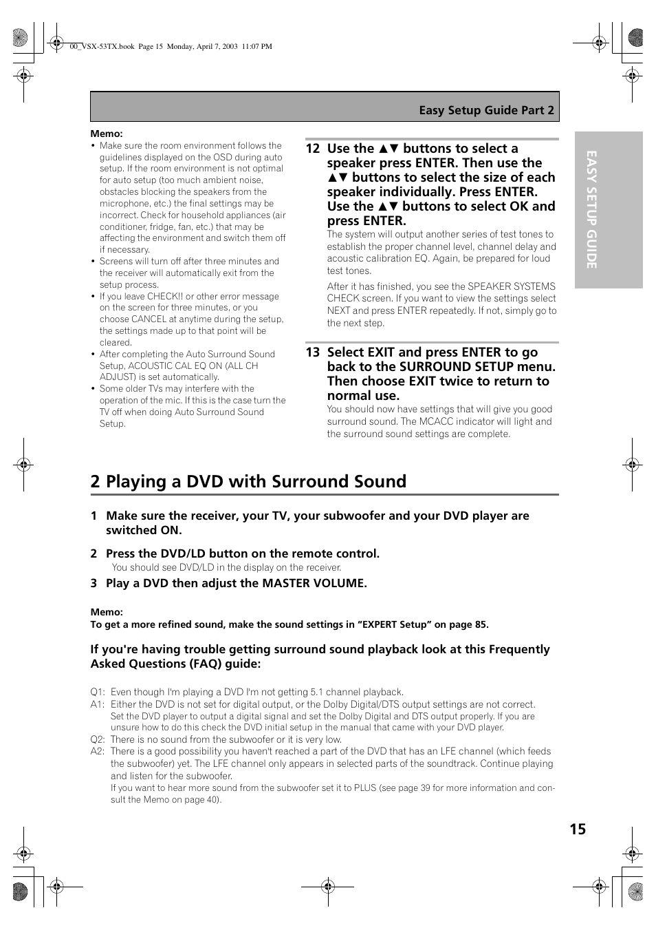 2 playing a dvd with surround sound | Pioneer Elite VSX-53TX User Manual | Page 15 / 107