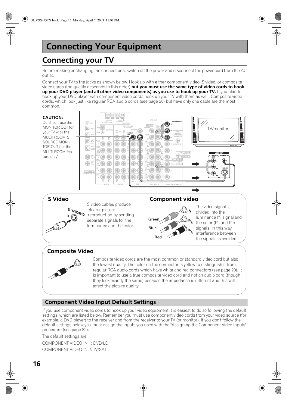 Connecting your equipment, Connecting your tv, Component video input default settings | S video component video composite video | Pioneer Elite VSX-53TX User Manual | Page 16 / 107