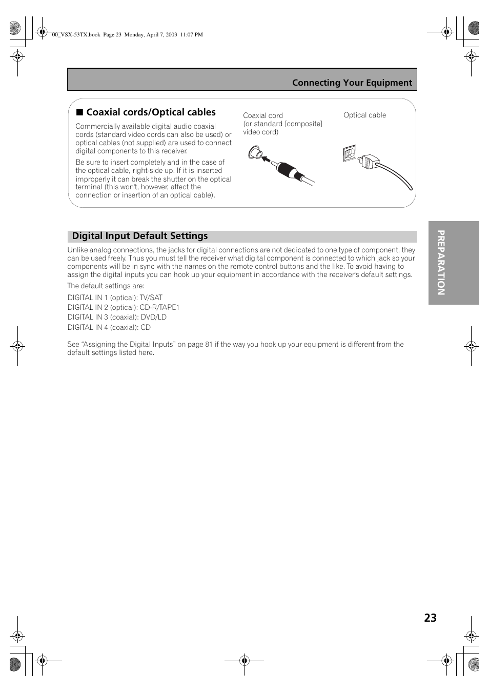 Digital input default settings | Pioneer Elite VSX-53TX User Manual | Page 23 / 107