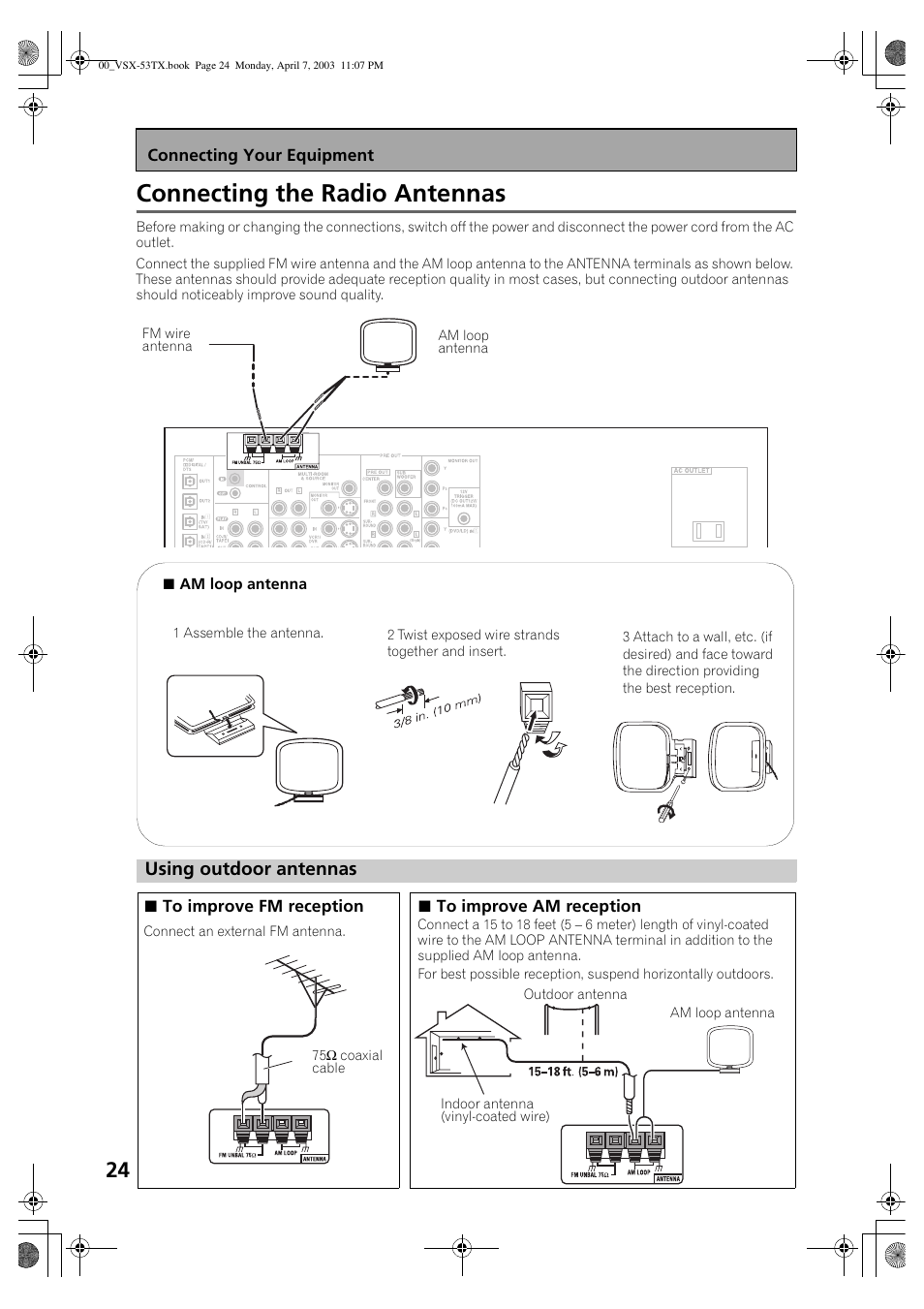 Connecting the radio antennas, Using outdoor antennas | Pioneer Elite VSX-53TX User Manual | Page 24 / 107