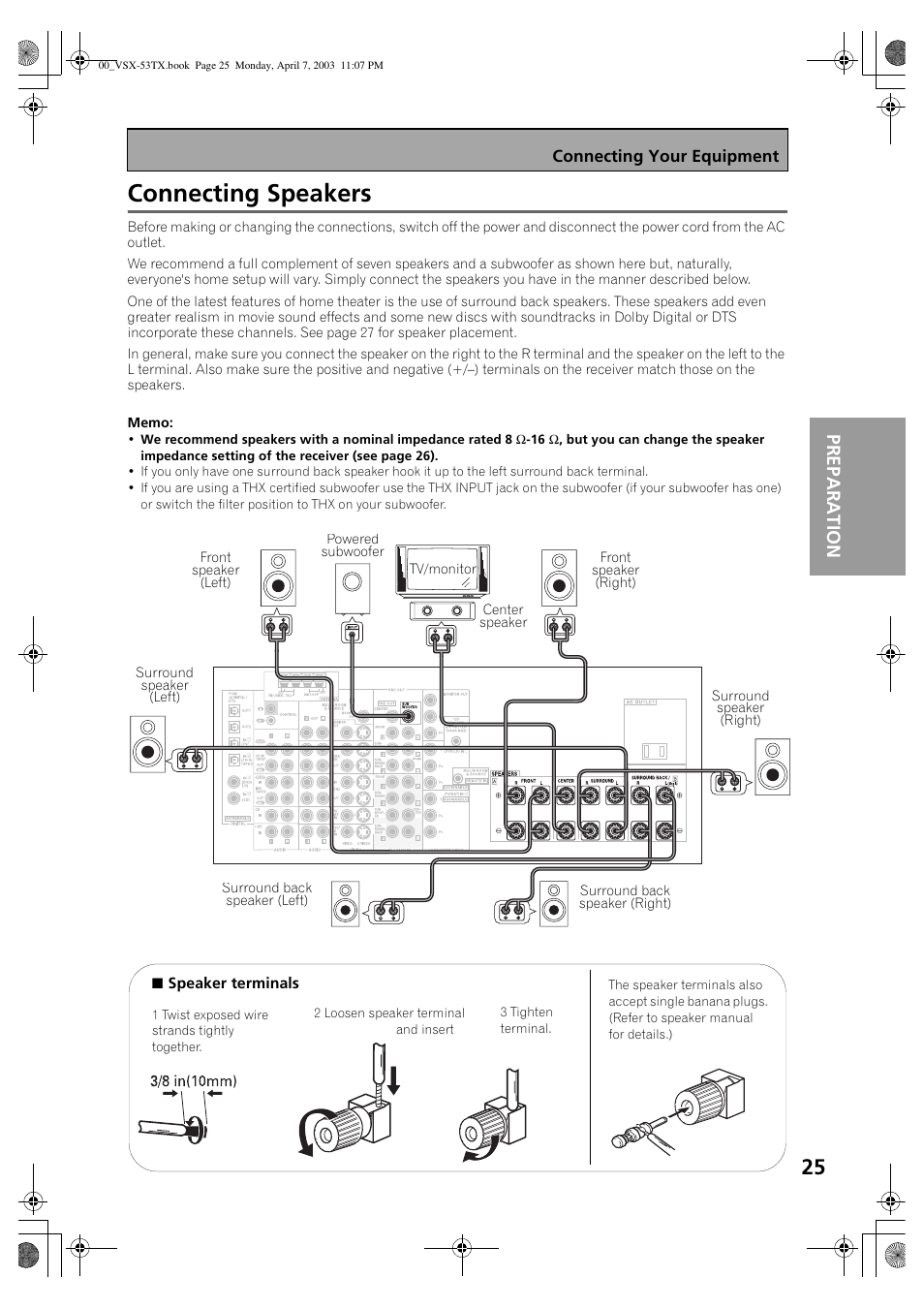 Connecting speakers, Pr ep a r at ion | Pioneer Elite VSX-53TX User Manual | Page 25 / 107