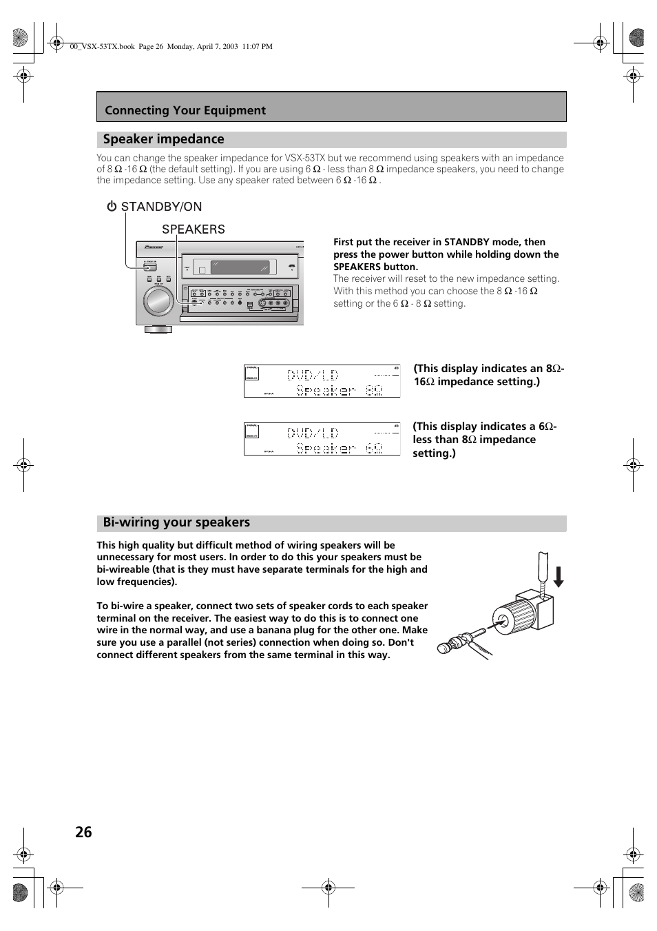 Speaker impedance bi-wiring your speakers, Speaker impedance, Bi-wiring your speakers | Pioneer Elite VSX-53TX User Manual | Page 26 / 107