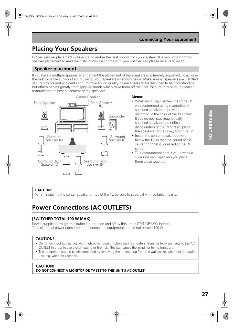 Placing your speakers, Speaker placement, Power connections (ac outlets) | Pr ep a r at ion | Pioneer Elite VSX-53TX User Manual | Page 27 / 107