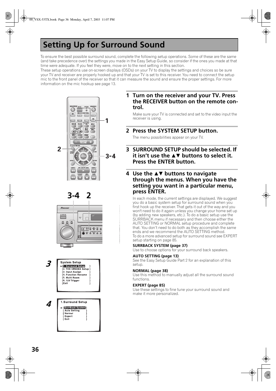 Setting up for surround sound | Pioneer Elite VSX-53TX User Manual | Page 36 / 107
