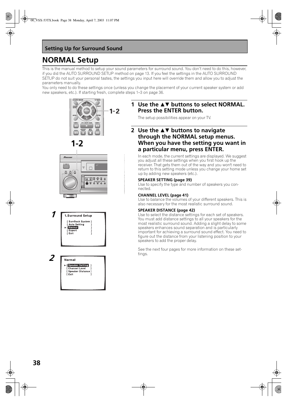 Normal setup | Pioneer Elite VSX-53TX User Manual | Page 38 / 107
