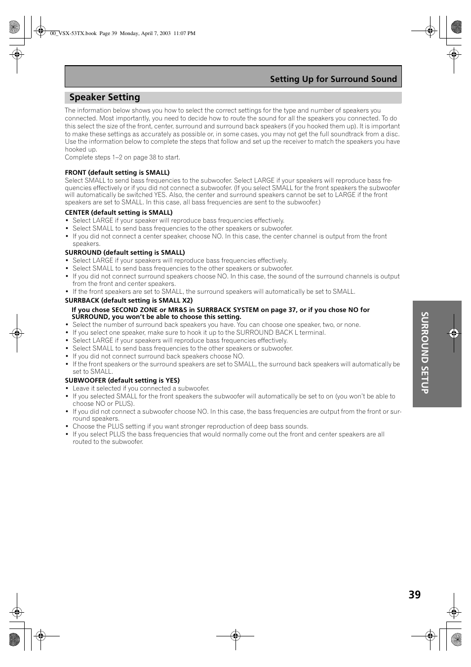 Speaker setting, Sur r ou nd se tu p speaker setting | Pioneer Elite VSX-53TX User Manual | Page 39 / 107