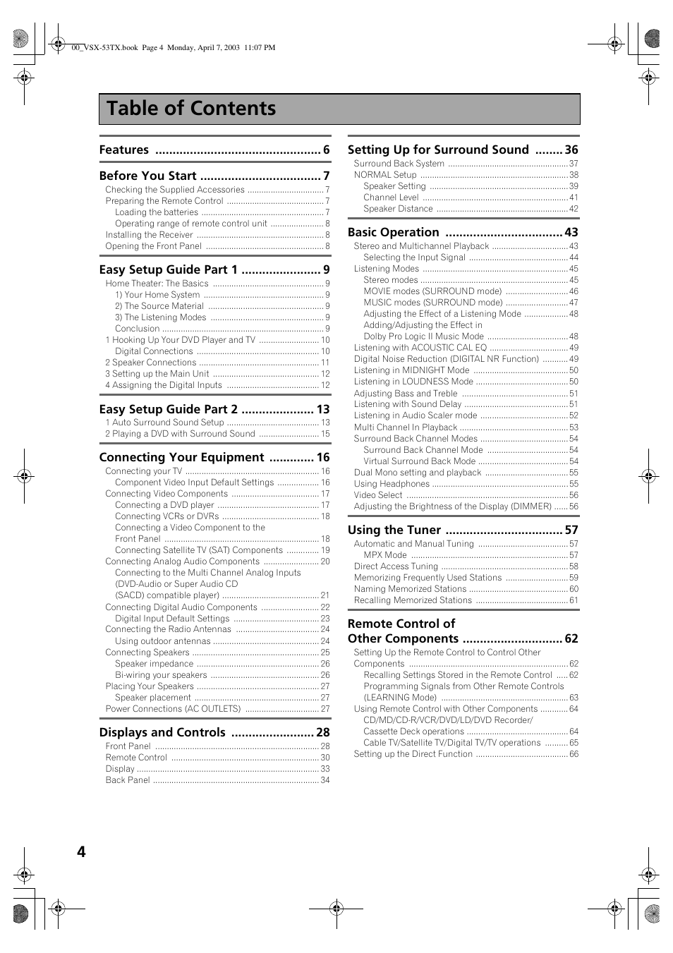 Pioneer Elite VSX-53TX User Manual | Page 4 / 107