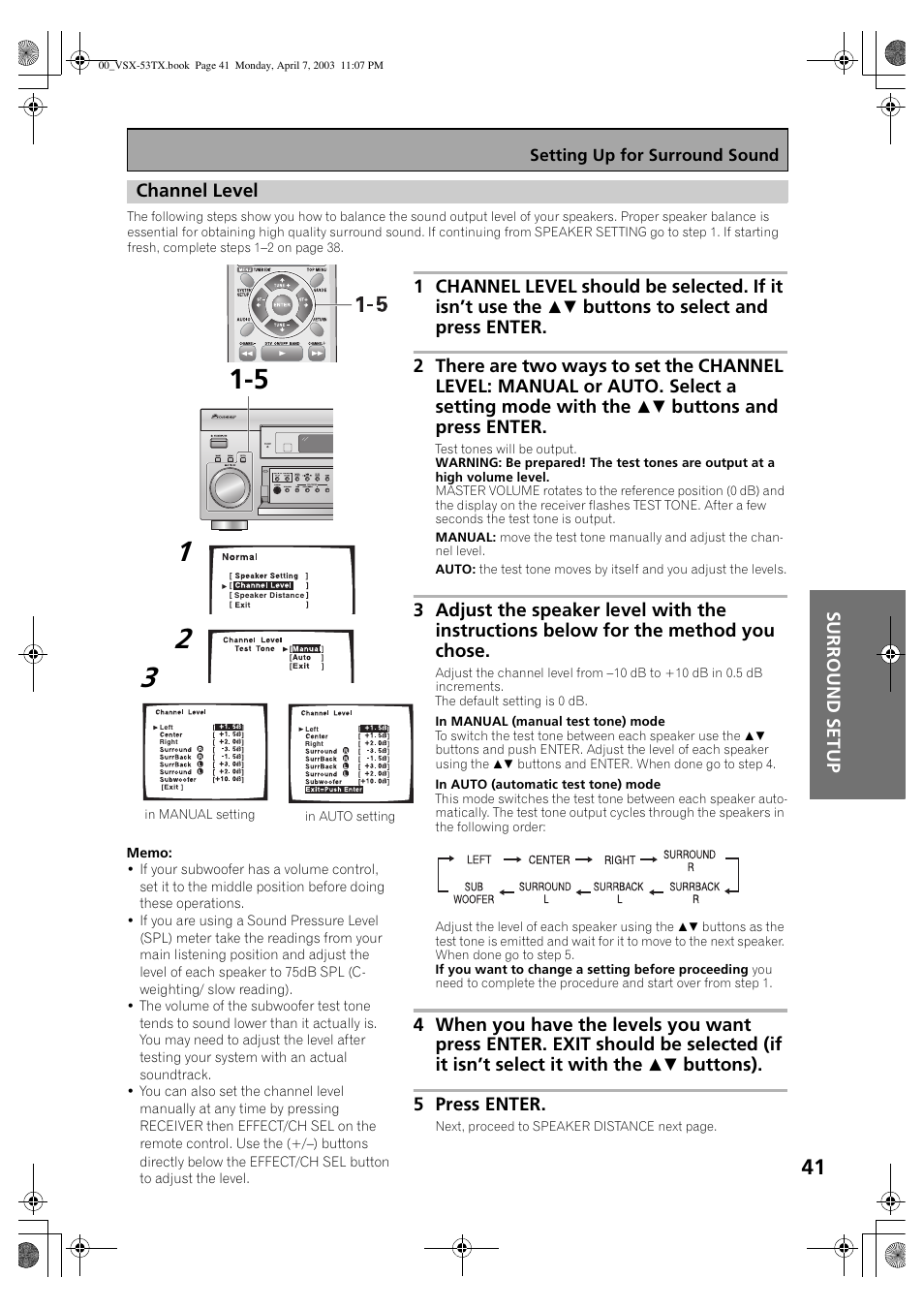 Channel level | Pioneer Elite VSX-53TX User Manual | Page 41 / 107