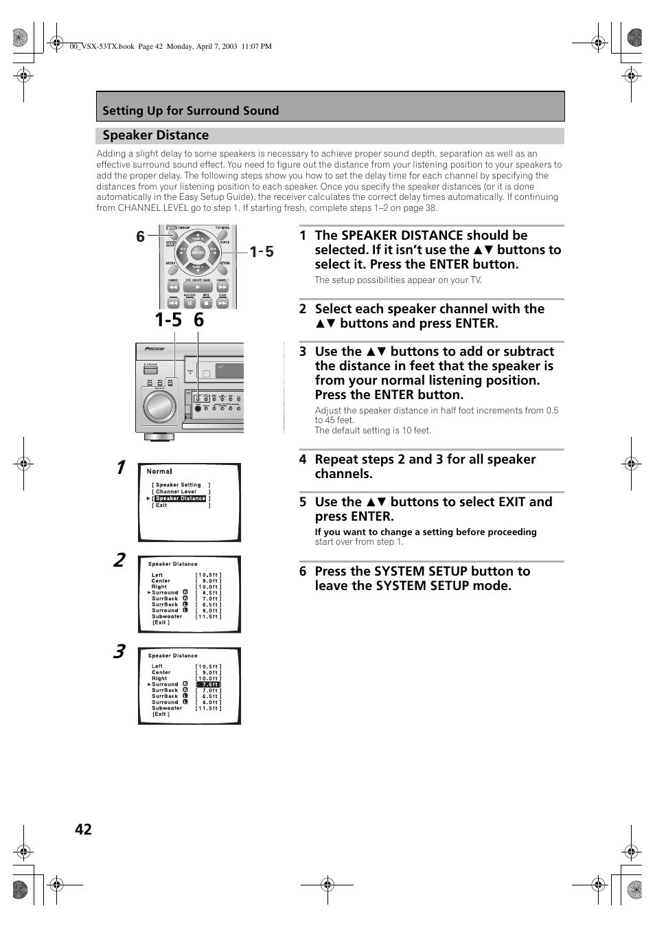 Speaker distance | Pioneer Elite VSX-53TX User Manual | Page 42 / 107