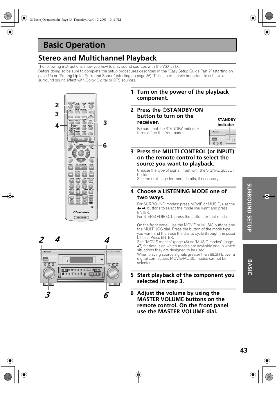 Basic operation, Stereo and multichannel playback | Pioneer Elite VSX-53TX User Manual | Page 43 / 107