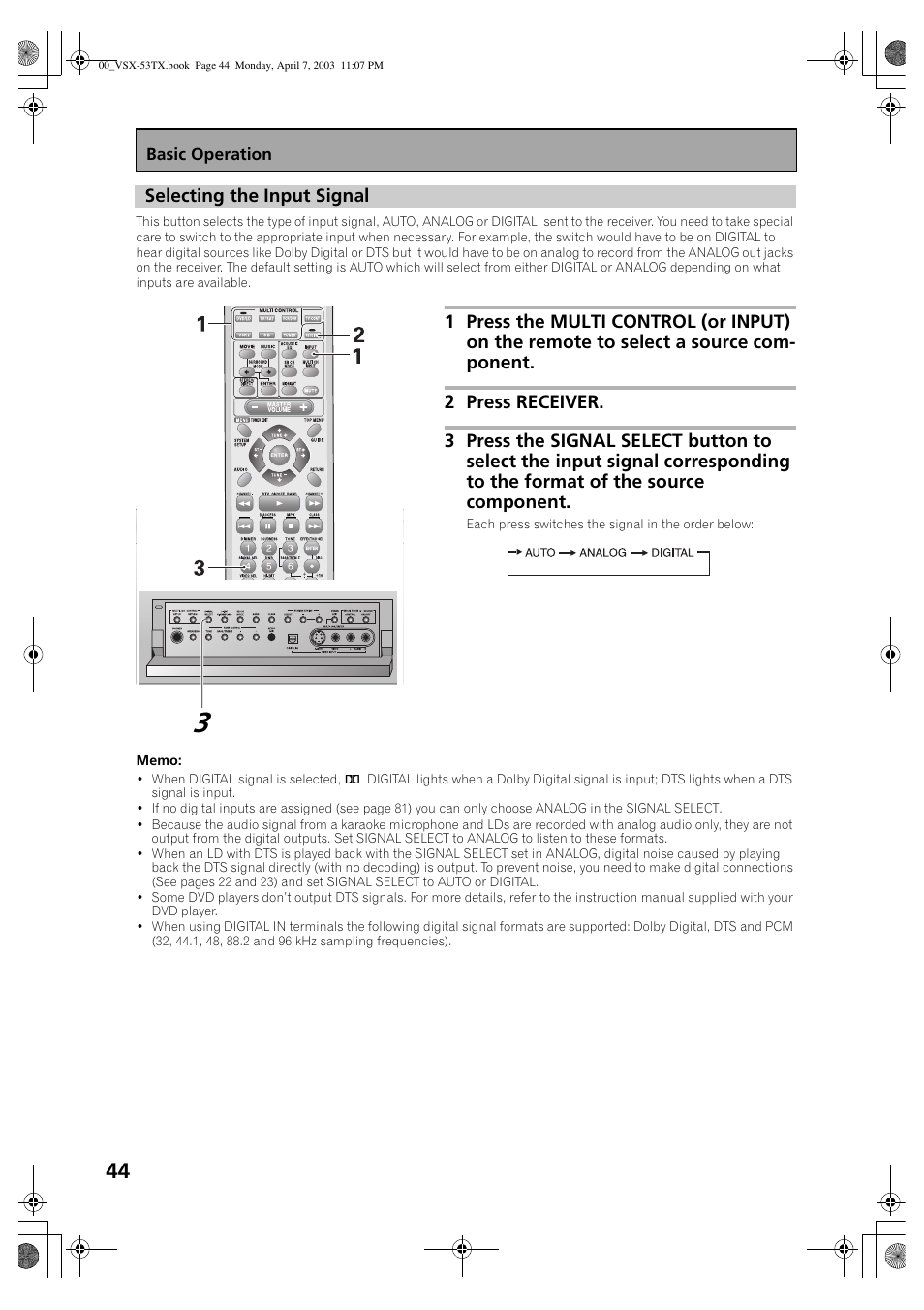 Selecting the input signal | Pioneer Elite VSX-53TX User Manual | Page 44 / 107