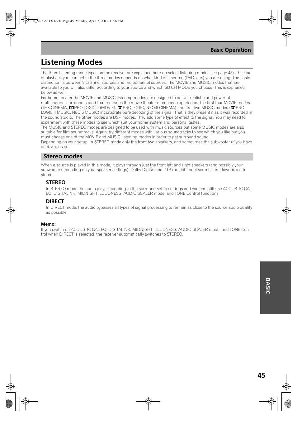 Listening modes, Stereo modes | Pioneer Elite VSX-53TX User Manual | Page 45 / 107