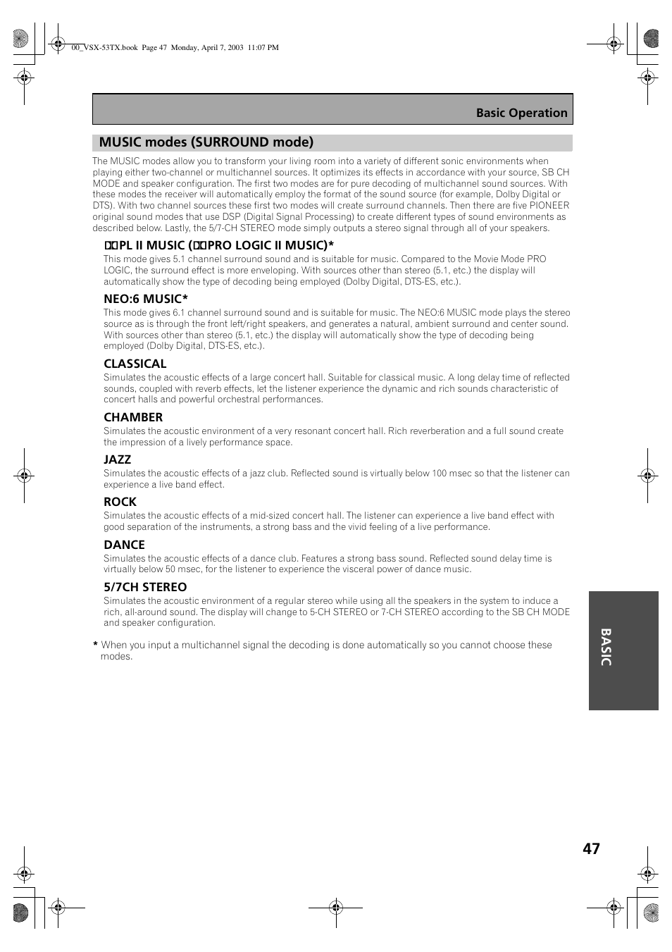 Music modes (surround mode), Basic music modes (surround mode) | Pioneer Elite VSX-53TX User Manual | Page 47 / 107