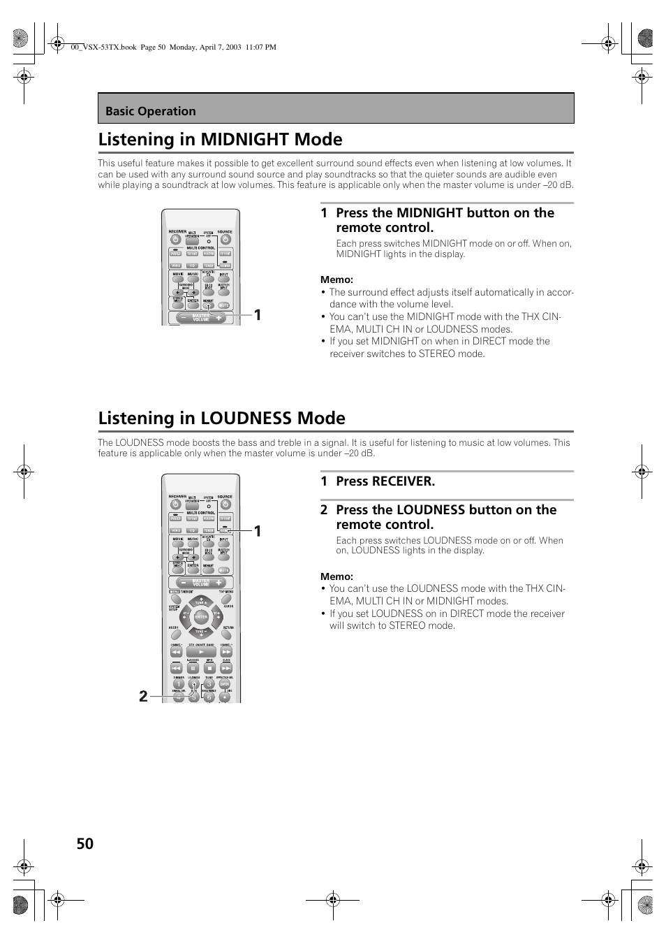 Listening in midnight mode, Listening in loudness mode | Pioneer Elite VSX-53TX User Manual | Page 50 / 107