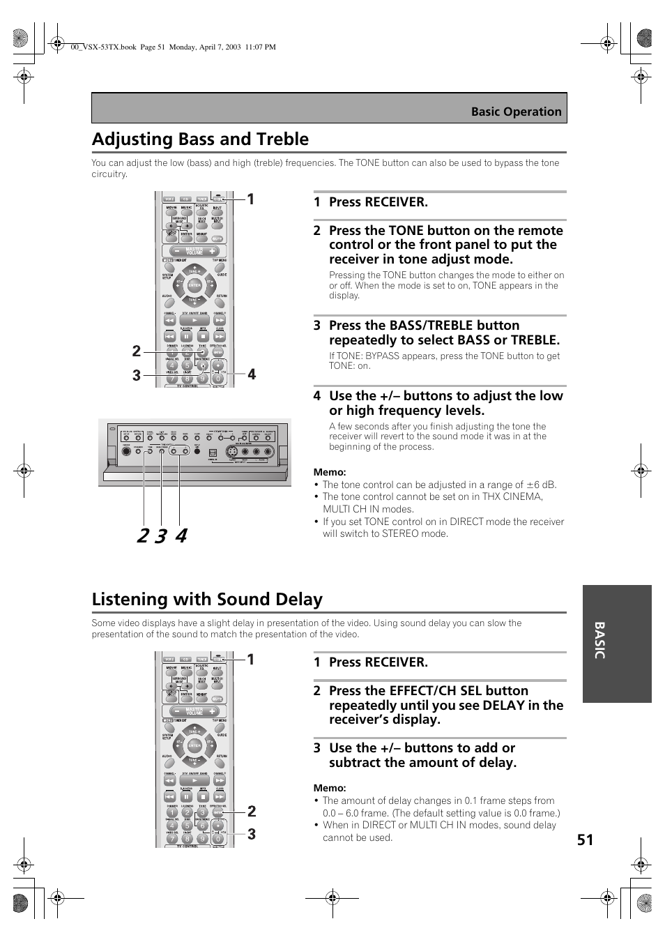 Adjusting bass and treble, Listening with sound delay | Pioneer Elite VSX-53TX User Manual | Page 51 / 107