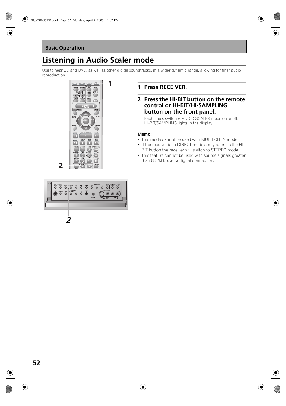 Listening in audio scaler mode | Pioneer Elite VSX-53TX User Manual | Page 52 / 107