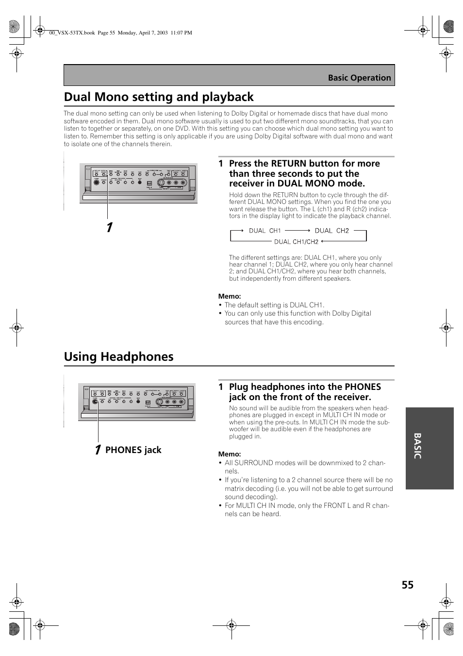 Dual mono setting and playback using headphones, Dual mono setting and playback, Using headphones | Pioneer Elite VSX-53TX User Manual | Page 55 / 107