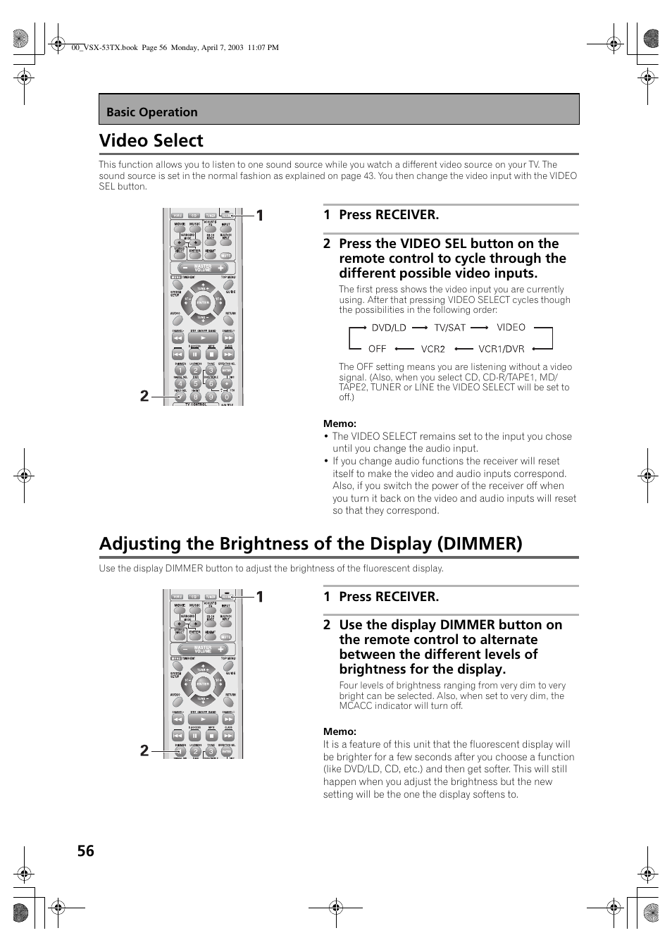 Video select, Adjusting the brightness of the display (dimmer) | Pioneer Elite VSX-53TX User Manual | Page 56 / 107
