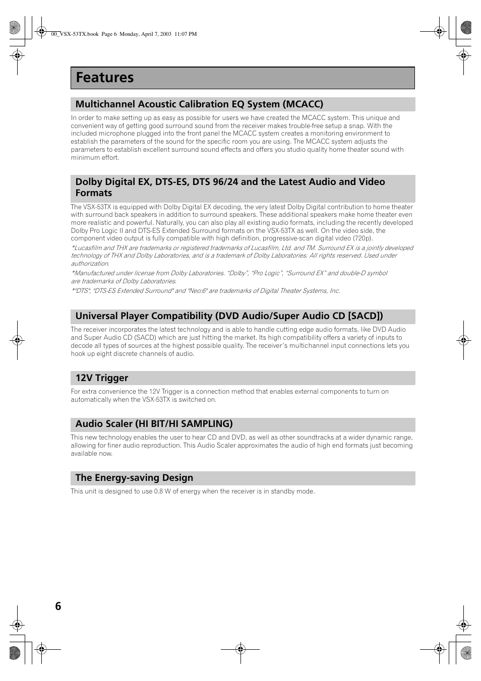 Features, Before you start | Pioneer Elite VSX-53TX User Manual | Page 6 / 107