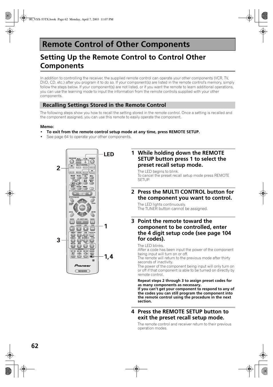 Remote control of other components, Recalling settings stored in the remote control | Pioneer Elite VSX-53TX User Manual | Page 62 / 107