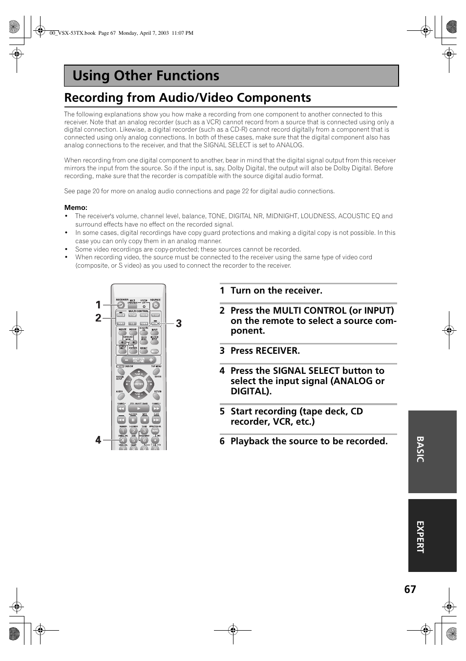 Using other functions, Recording from audio/video components | Pioneer Elite VSX-53TX User Manual | Page 67 / 107