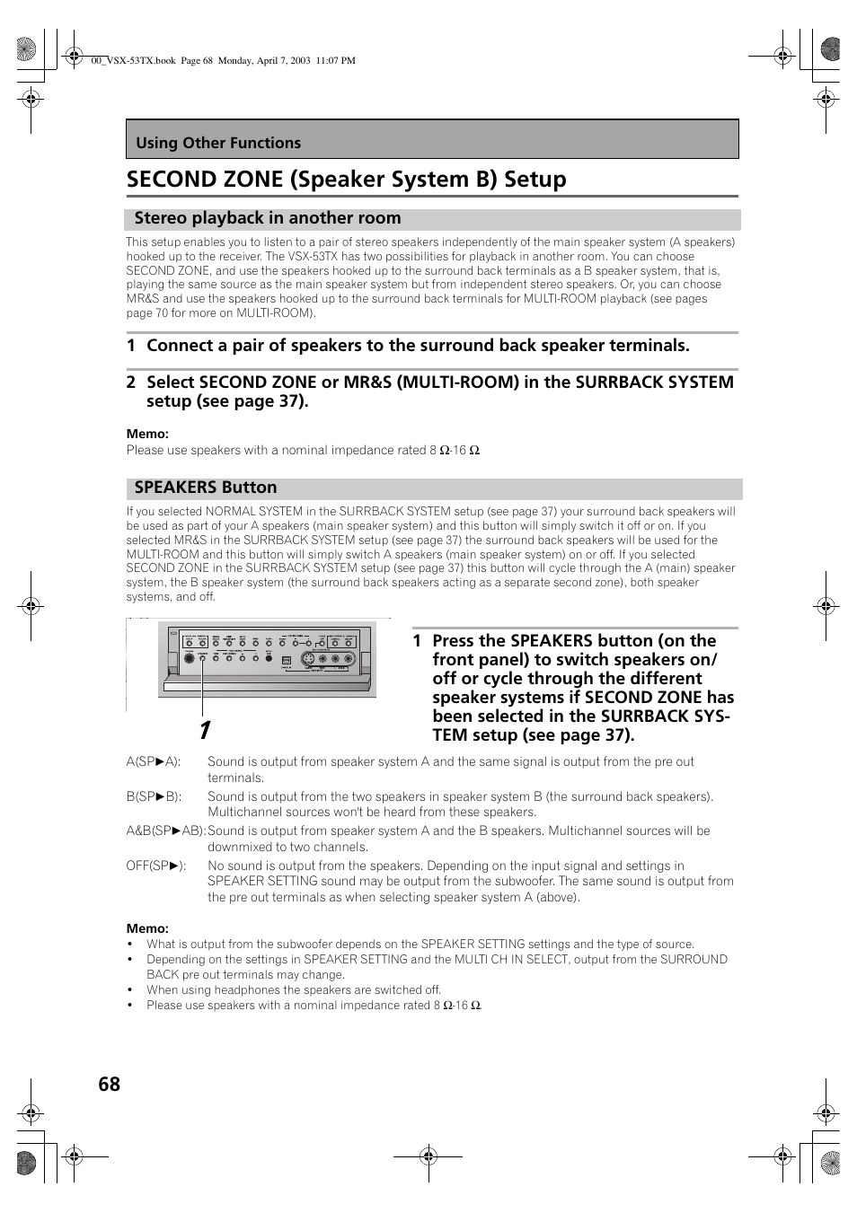Second zone (speaker system b) setup, Stereo playback in another room speakers button, Stereo playback in another room | Speakers button | Pioneer Elite VSX-53TX User Manual | Page 68 / 107
