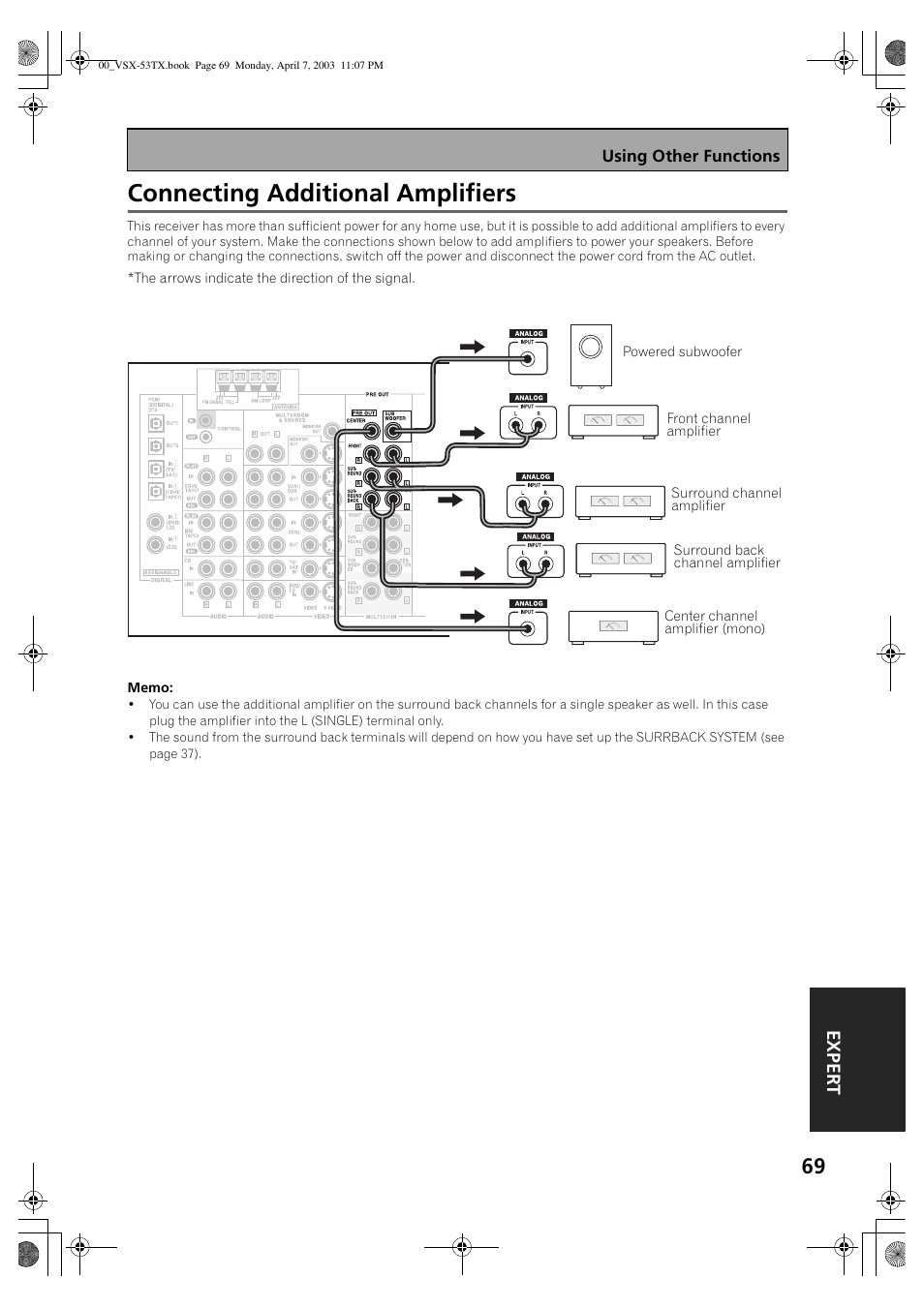 Connecting additional amplifiers, Ex p e rt | Pioneer Elite VSX-53TX User Manual | Page 69 / 107