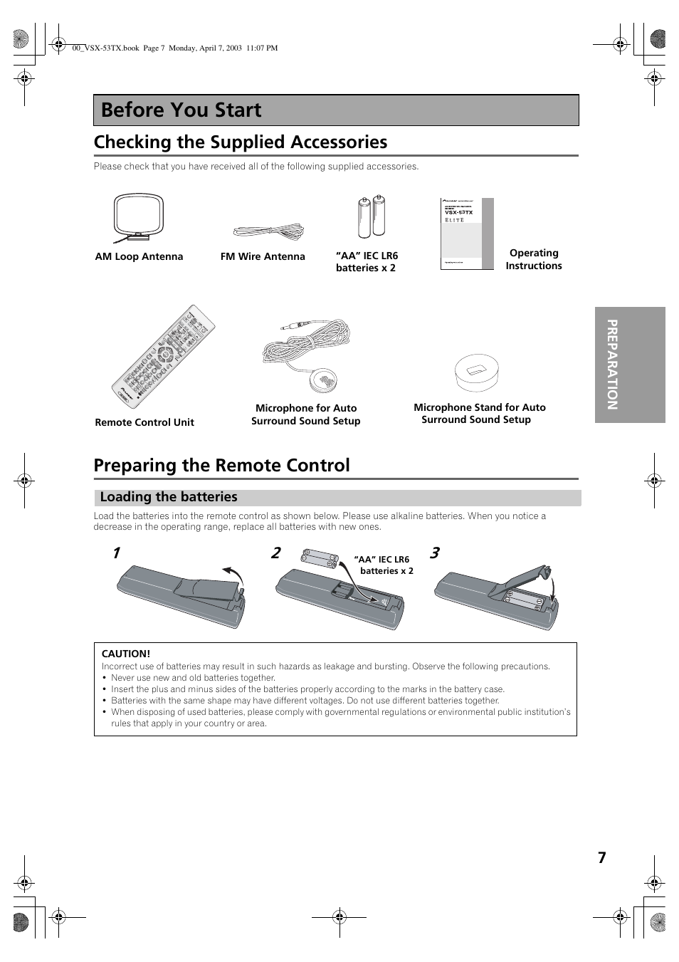 Before you start, Loading the batteries, Checking the supplied accessories | Preparing the remote control | Pioneer Elite VSX-53TX User Manual | Page 7 / 107
