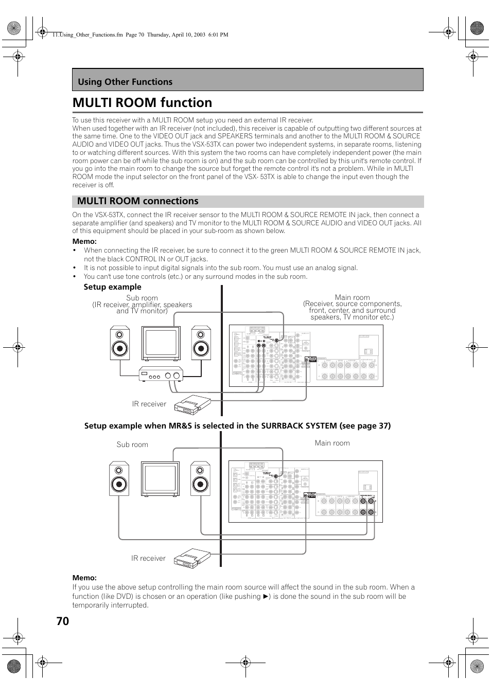 Multi room function, Multi room connections | Pioneer Elite VSX-53TX User Manual | Page 70 / 107