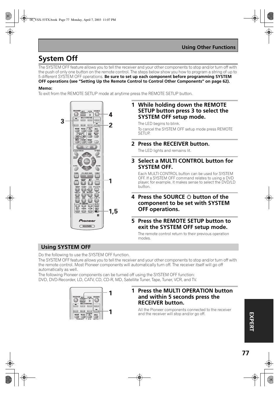 System off, Using system off | Pioneer Elite VSX-53TX User Manual | Page 77 / 107