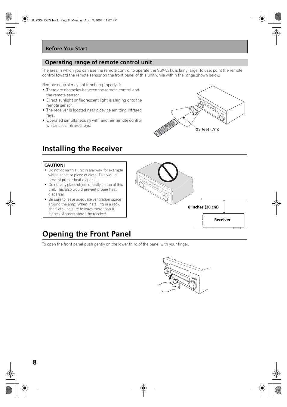 Operating range of remote control unit, Installing the receiver opening the front panel | Pioneer Elite VSX-53TX User Manual | Page 8 / 107