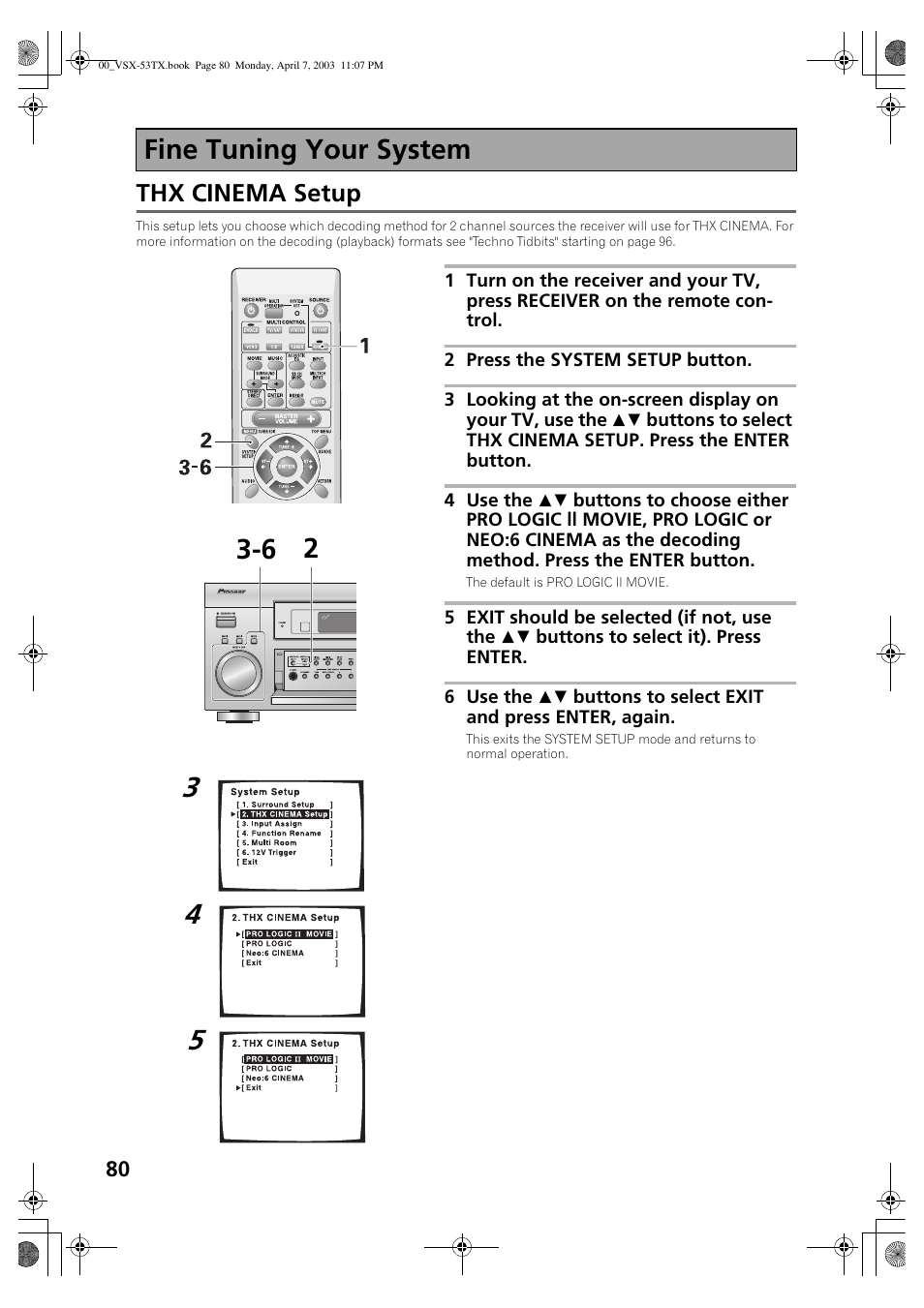 Fine tuning your system, Thx cinema setup, 6 fine tuning your system | Pioneer Elite VSX-53TX User Manual | Page 80 / 107