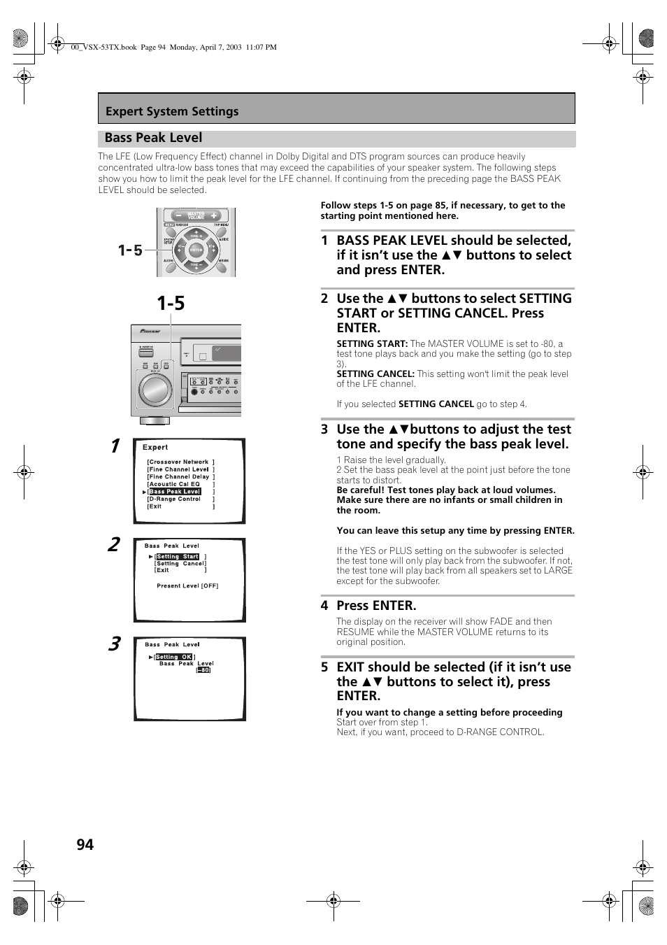 Bass peak level | Pioneer Elite VSX-53TX User Manual | Page 94 / 107