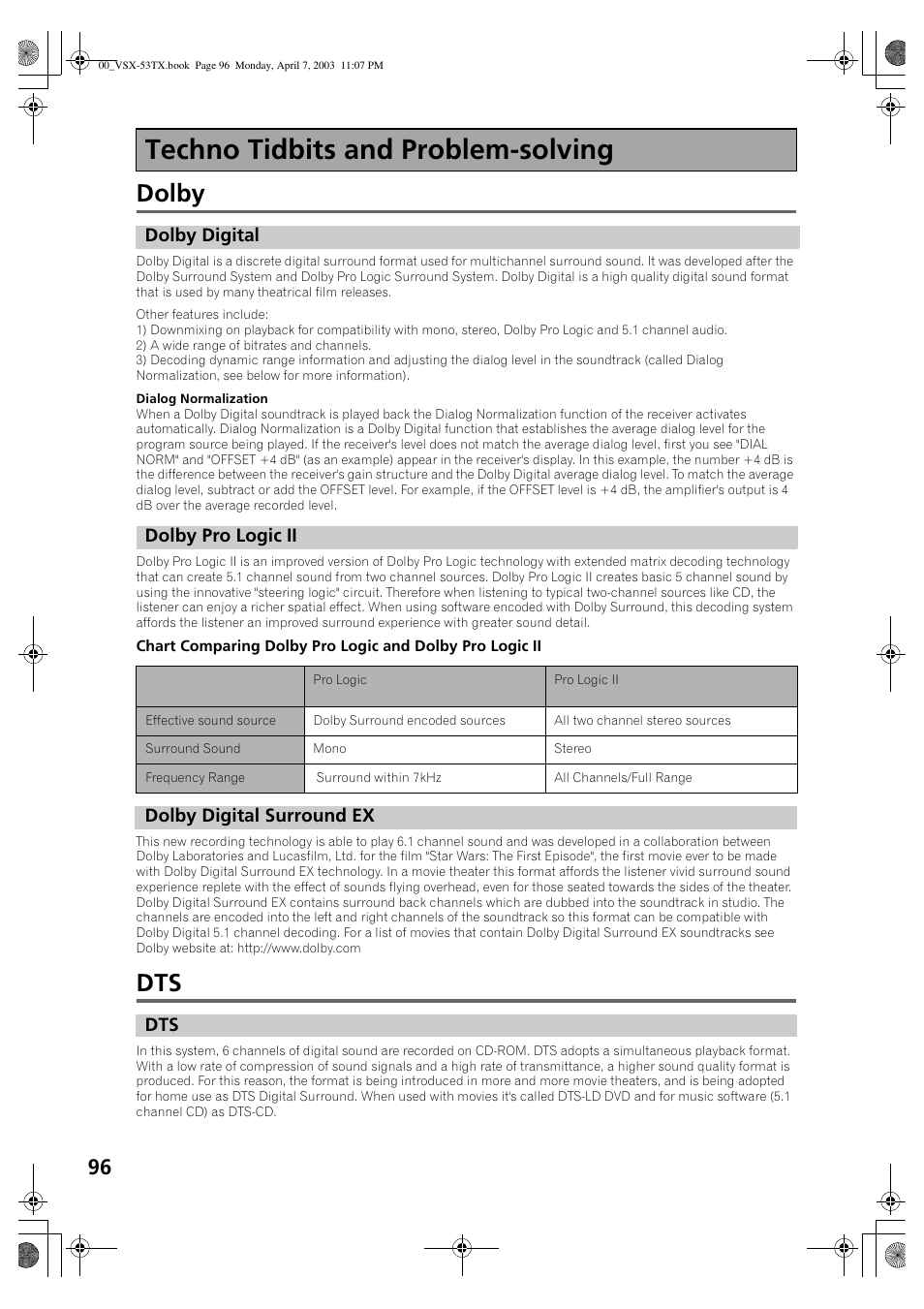 Techno tidbits and problem-solving, Dolby | Pioneer Elite VSX-53TX User Manual | Page 96 / 107