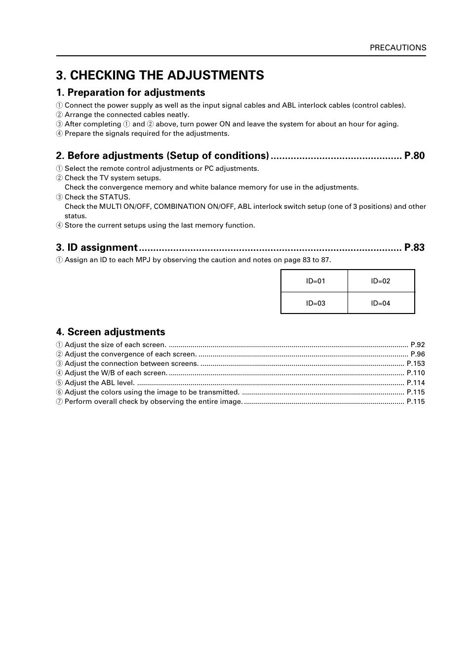 Checking the adjustments, Preparation for adjustments, Screen adjustments | Pioneer RM V2550BU User Manual | Page 159 / 201