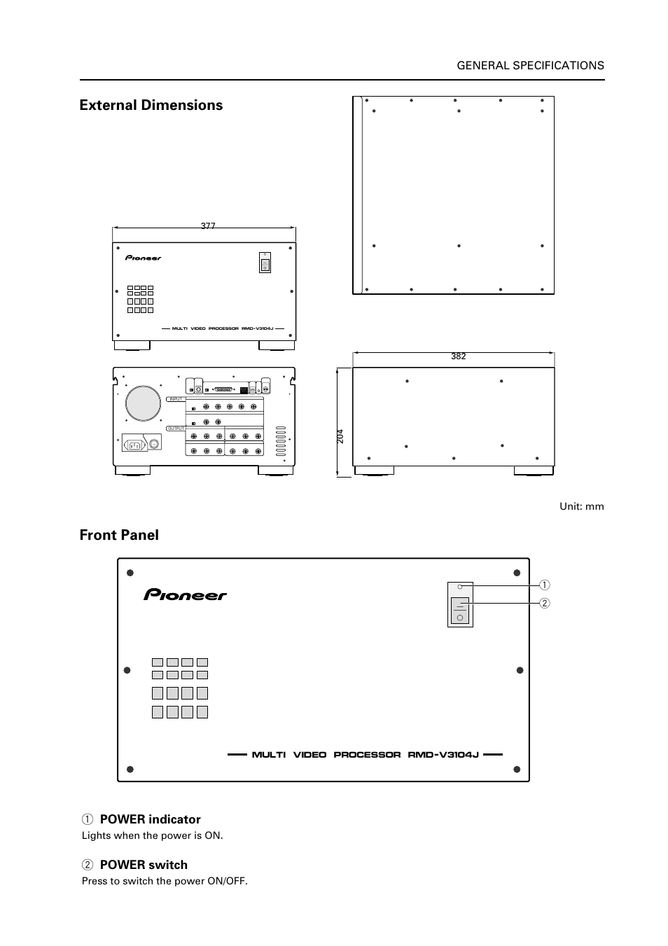 External dimensions, Front panel, 1 power indicator | 2 power switch, 15 general specifications | Pioneer RM V2550BU User Manual | Page 25 / 201