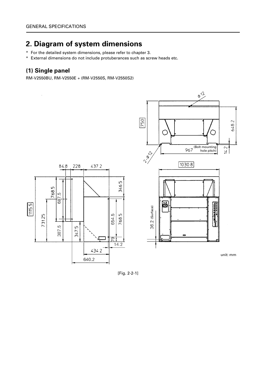 Diagram of system dimensions, 1) single panel | Pioneer RM V2550BU User Manual | Page 32 / 201