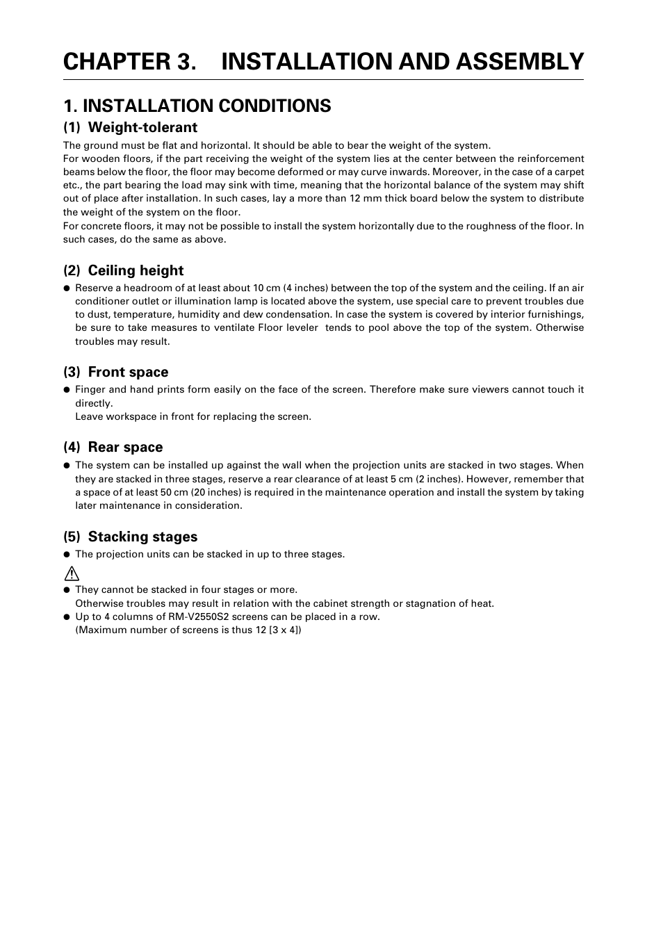 Chapter 3. installation and assembly, Installation conditions | Pioneer RM V2550BU User Manual | Page 34 / 201