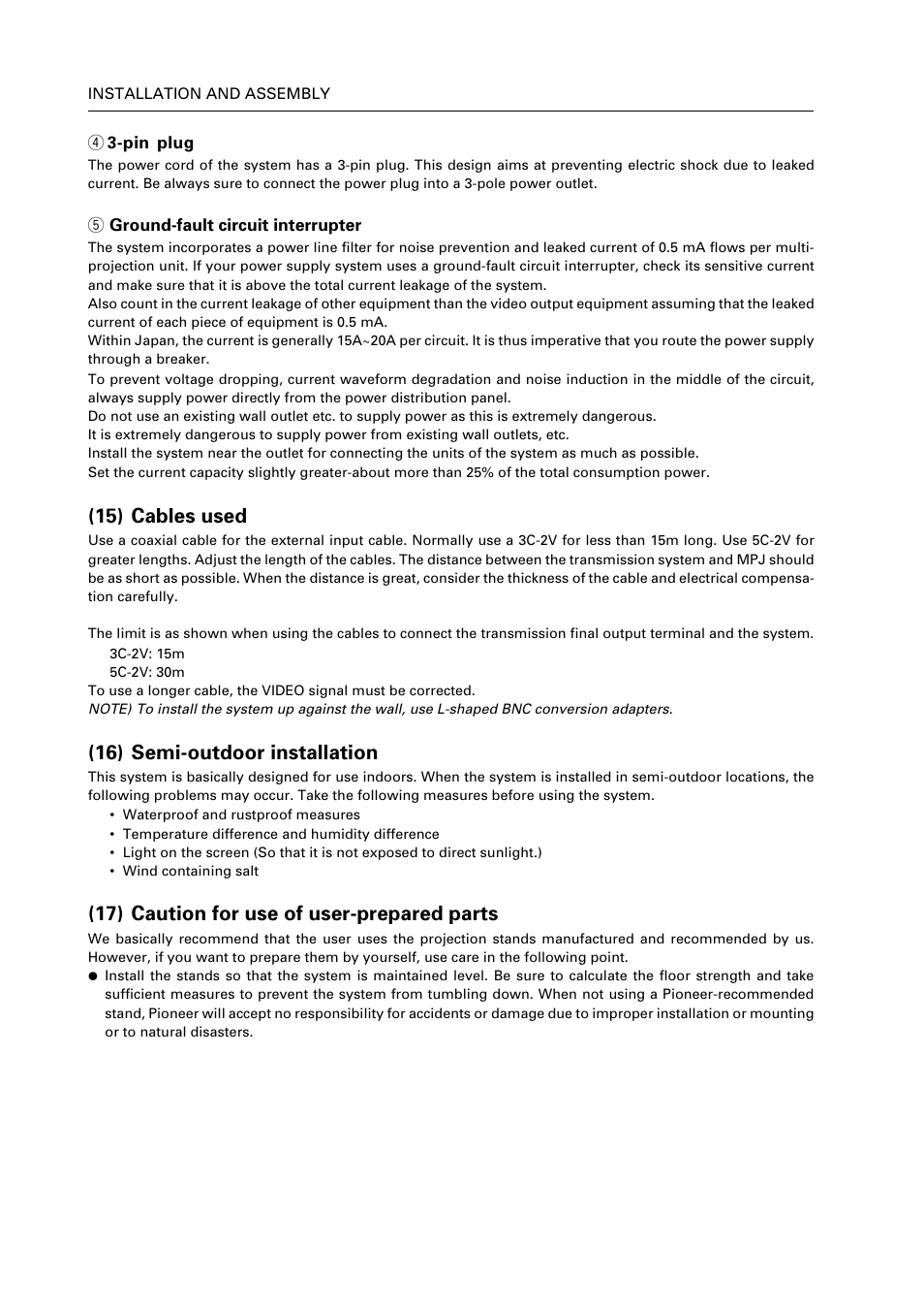 15) cables used, 16) semi-outdoor installation, 17) caution for use of user-prepared parts | Pioneer RM V2550BU User Manual | Page 42 / 201