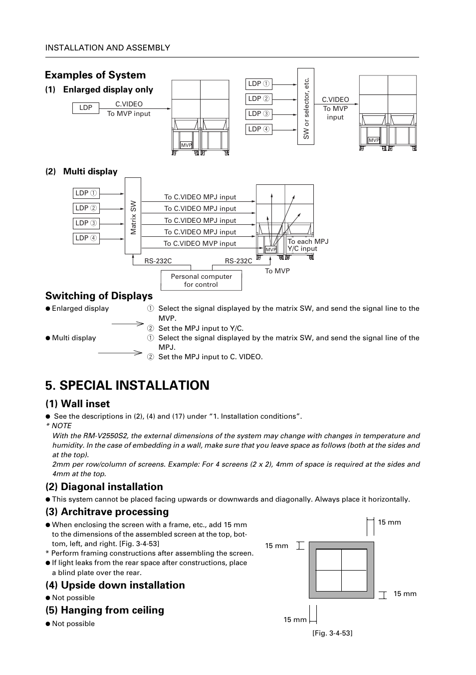 Special installation, 1) wall inset, 2) diagonal installation | 3) architrave processing, 4) upside down installation, 5) hanging from ceiling, Examples of system, Switching of displays | Pioneer RM V2550BU User Manual | Page 86 / 201